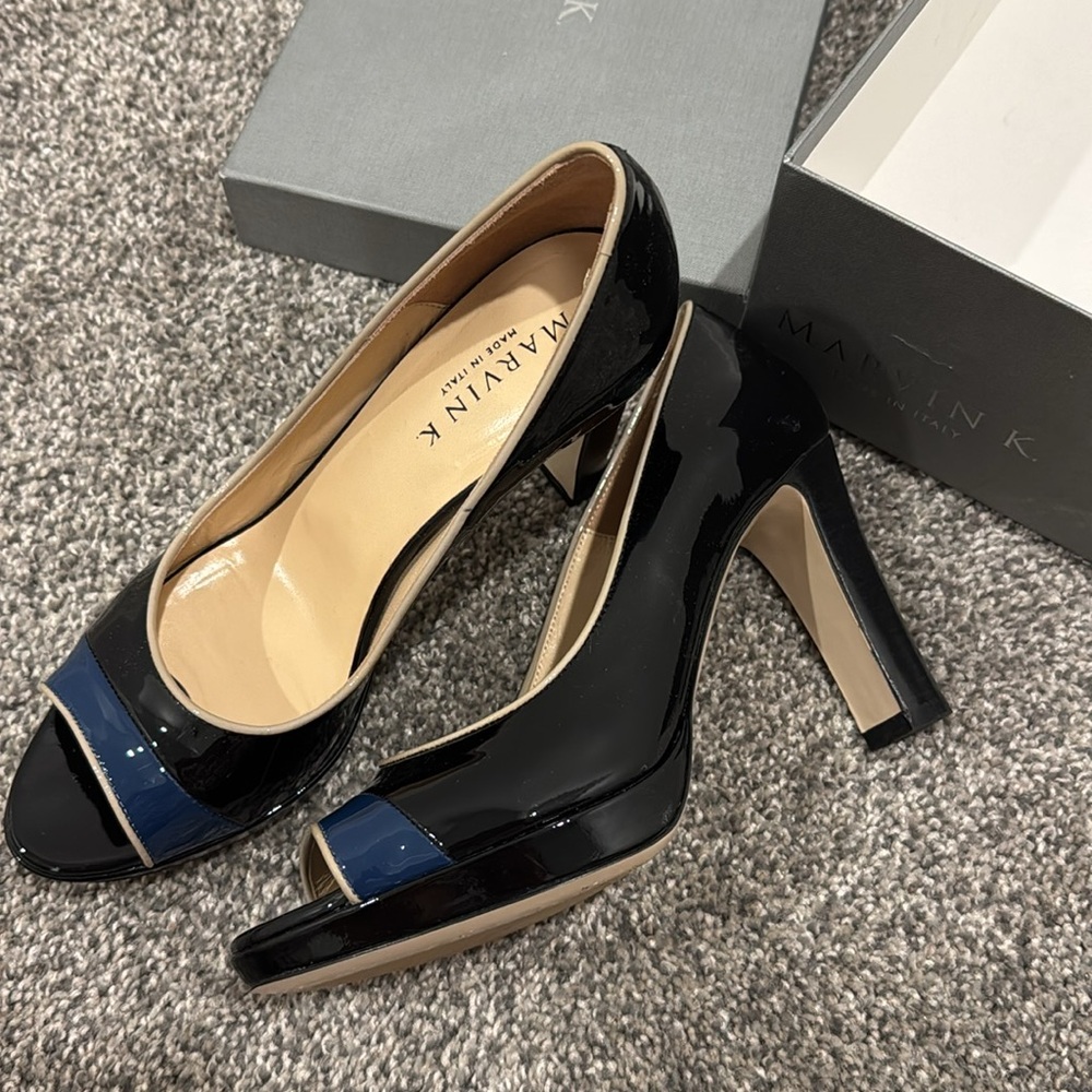 Black and Blue Peep Toe Heels